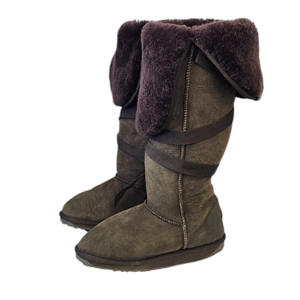 EMU Australia Womens Ribbon Wrap Tall Suede Shearling Lined Boots, Brown, 8